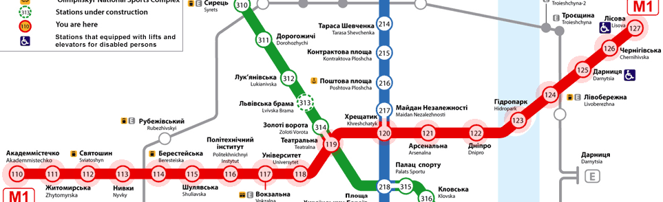 Kiev metro Line 1 (Sviatoshynsko-Brovarska) map